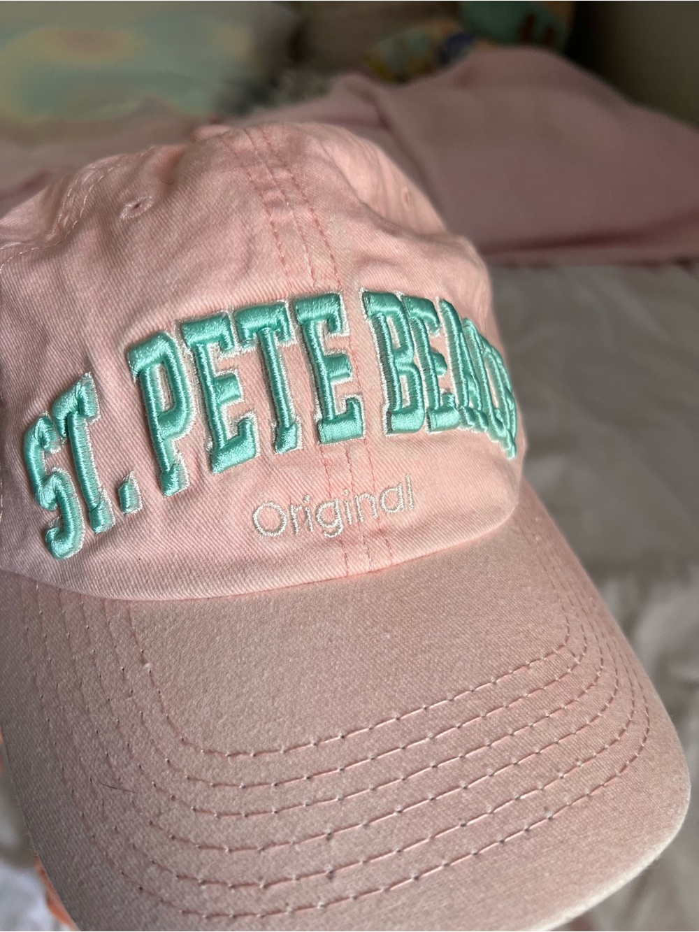 St. Pete Beach Pink Cap with Teal Embroidery